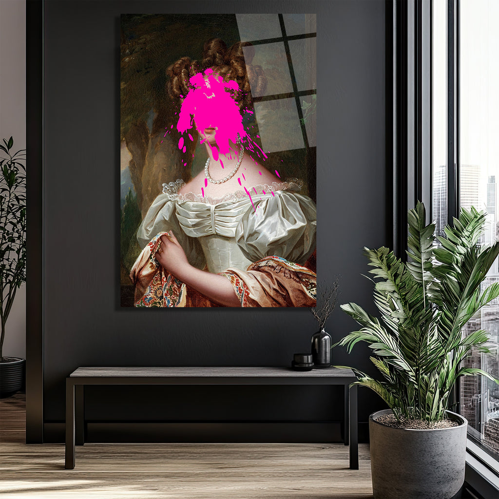 Asil Kadın ve Pembe Sıçrama Modern Sanat Cam Tablo