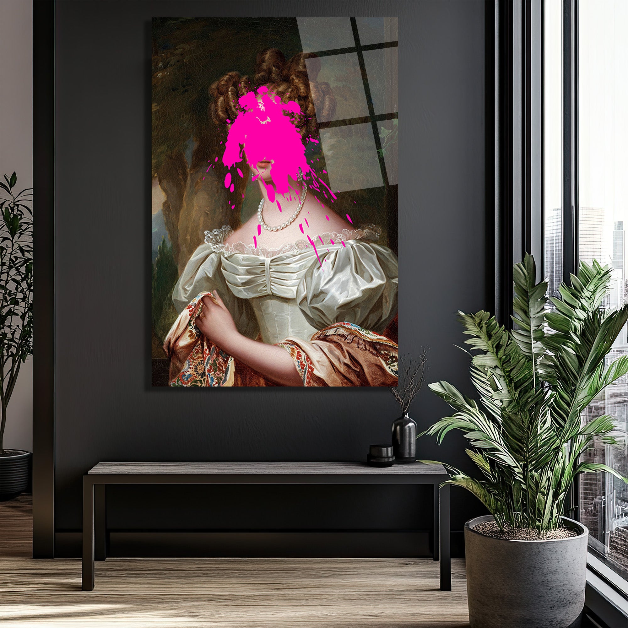Asil Kadın ve Pembe Sıçrama Modern Sanat Cam Tablo