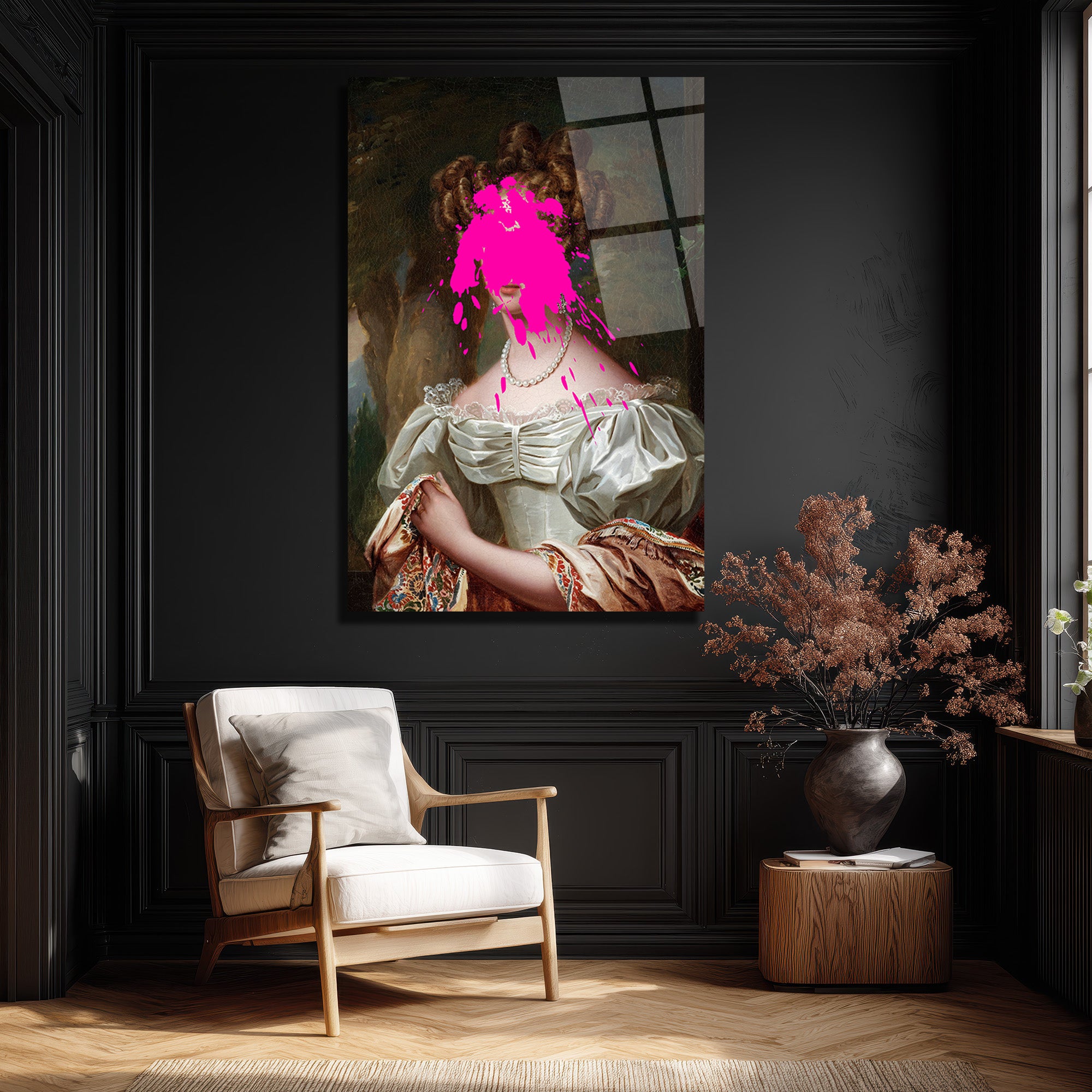 Asil Kadın ve Pembe Sıçrama Modern Sanat Cam Tablo