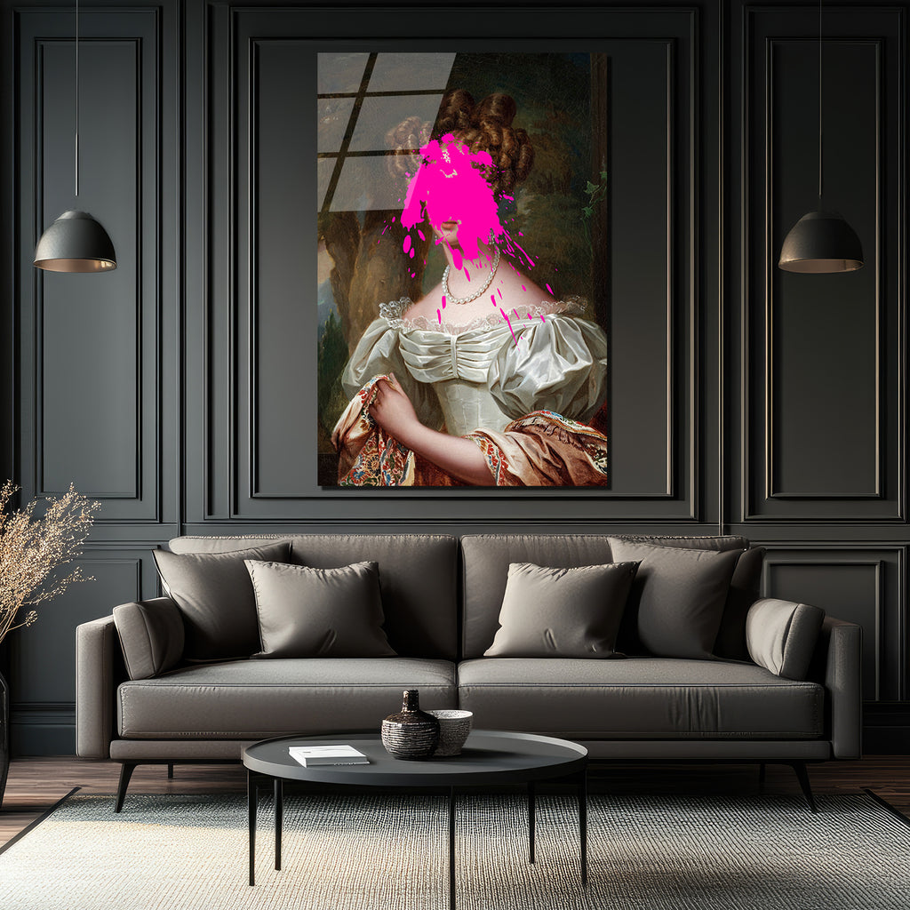 Asil Kadın ve Pembe Sıçrama Modern Sanat Cam Tablo