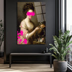 Modern Dokunuşlu Klasik Kadın Portresi Cam Tablo - Pembe Sanat