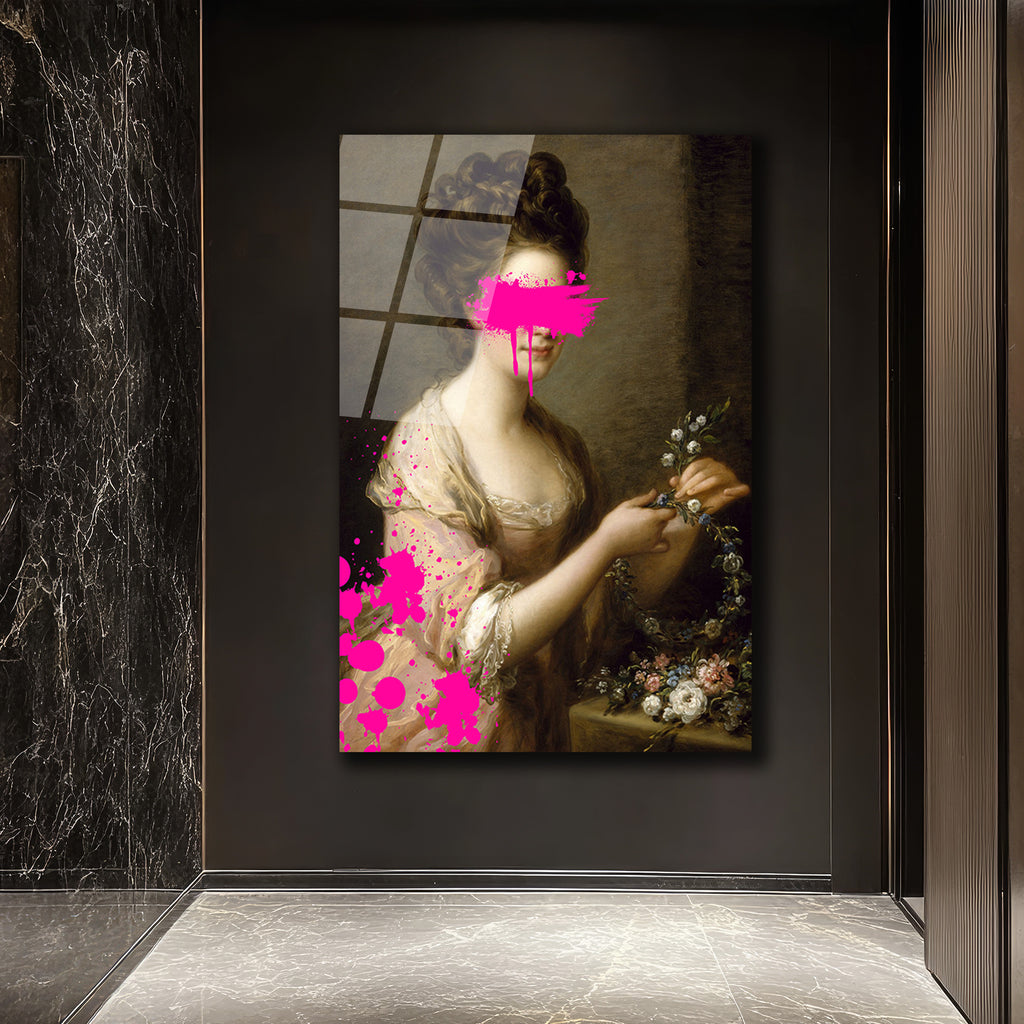 Modern Dokunuşlu Klasik Kadın Portresi Cam Tablo - Pembe Sanat