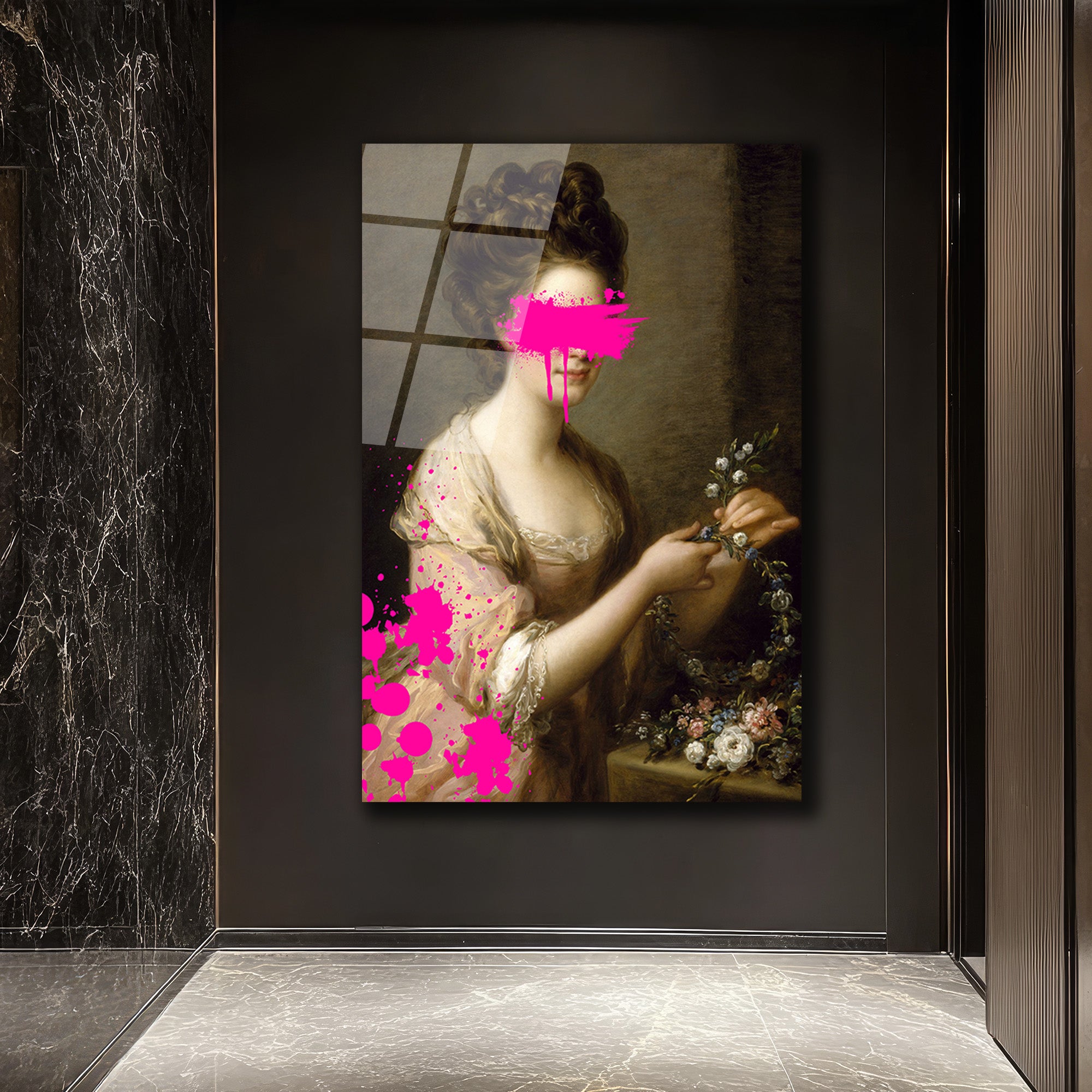 Modern Dokunuşlu Klasik Kadın Portresi Cam Tablo - Pembe Sanat