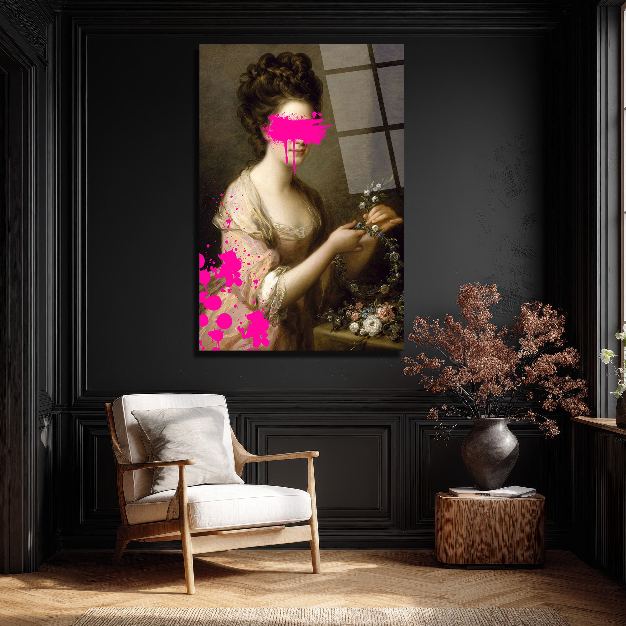 Modern Dokunuşlu Klasik Kadın Portresi Cam Tablo - Pembe Sanat