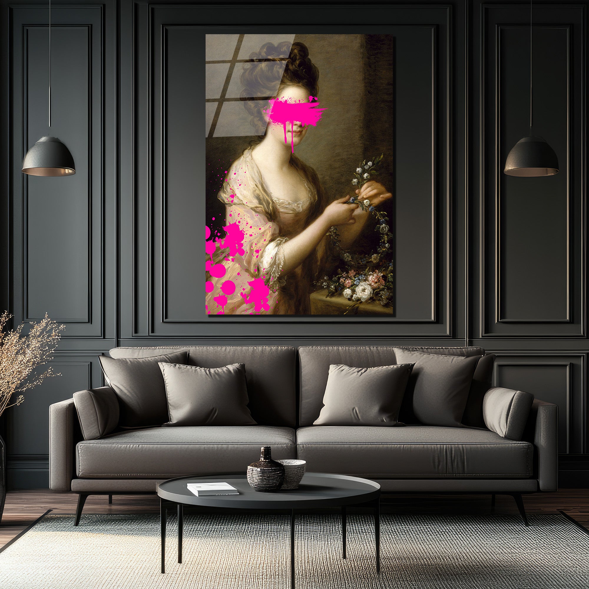 Modern Dokunuşlu Klasik Kadın Portresi Cam Tablo - Pembe Sanat