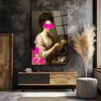 Modern Dokunuşlu Klasik Kadın Portresi Cam Tablo - Pembe Sanat