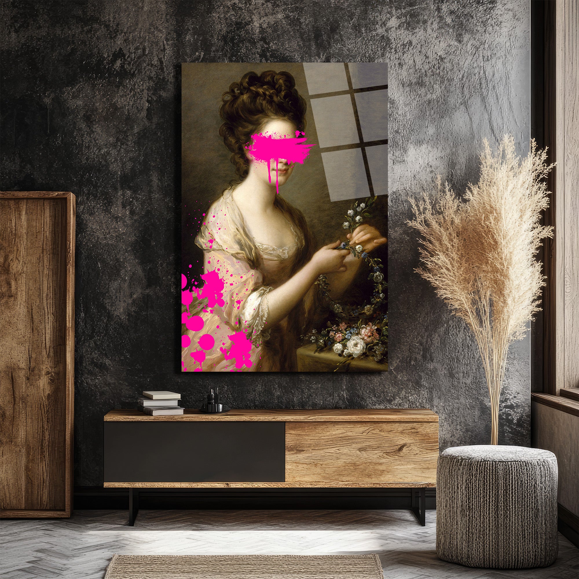 Modern Dokunuşlu Klasik Kadın Portresi Cam Tablo - Pembe Sanat