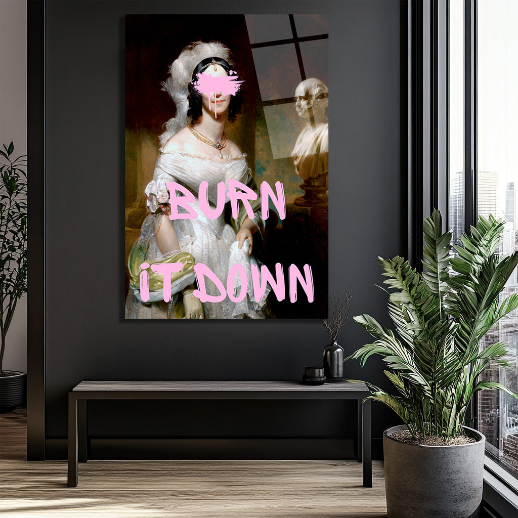 BURN IT DOWN Temalı Modern Sanat Cam Tablo