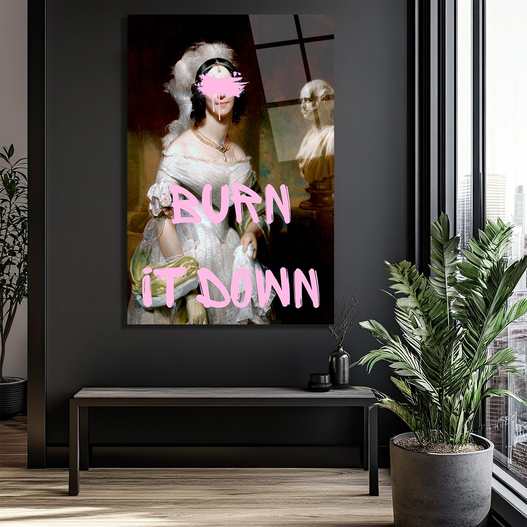 BURN IT DOWN Temalı Modern Sanat Cam Tablo