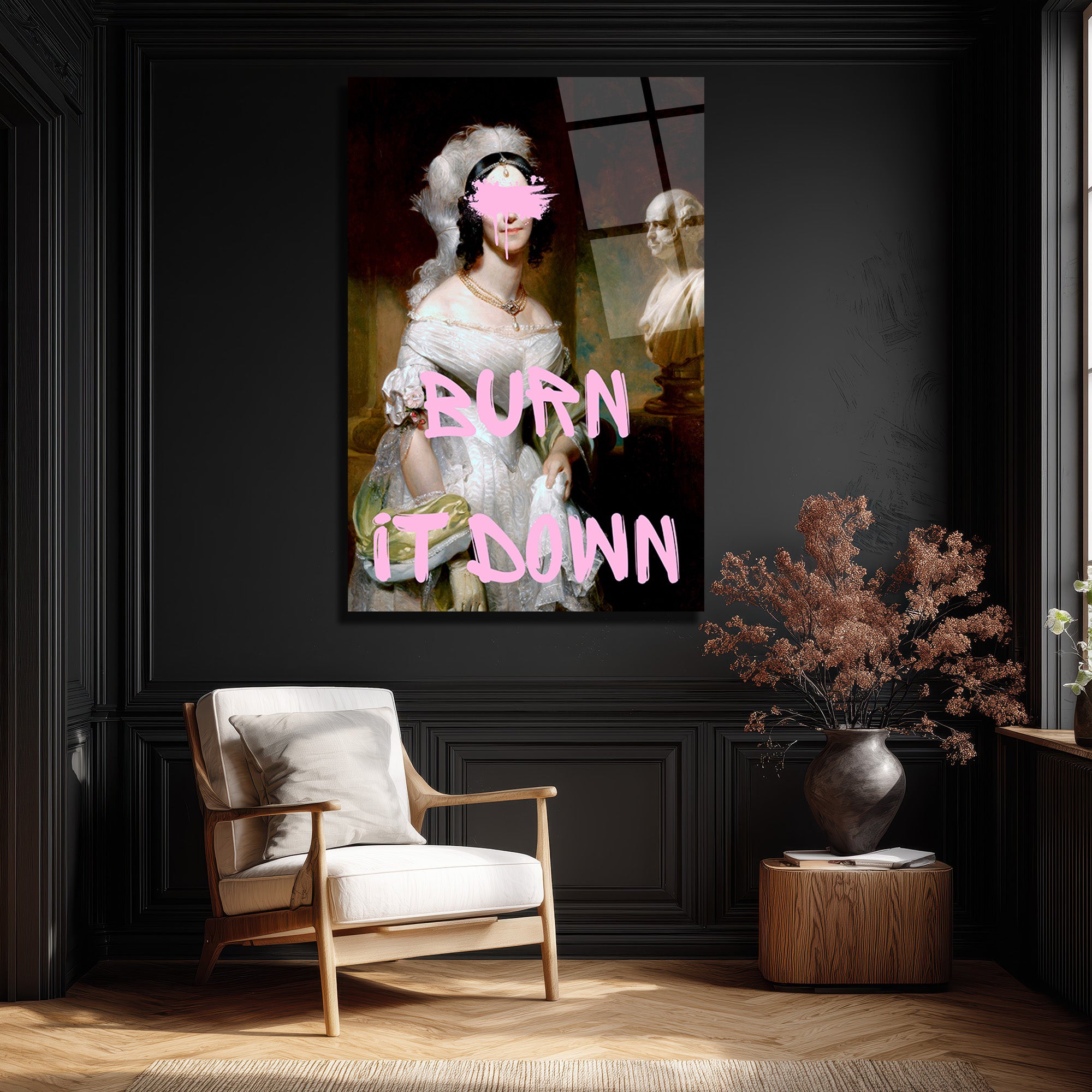 BURN IT DOWN Temalı Modern Sanat Cam Tablo