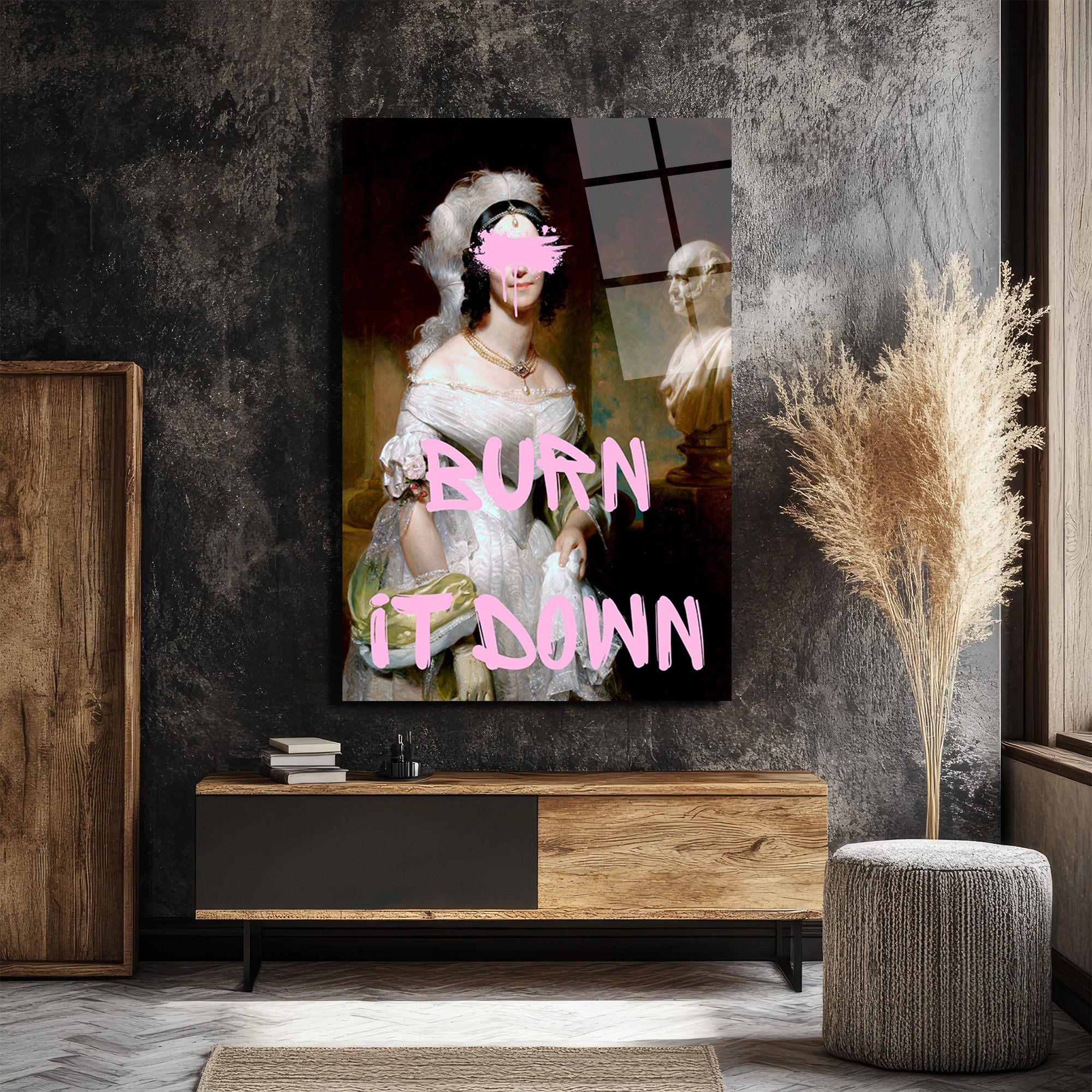 BURN IT DOWN Temalı Modern Sanat Cam Tablo