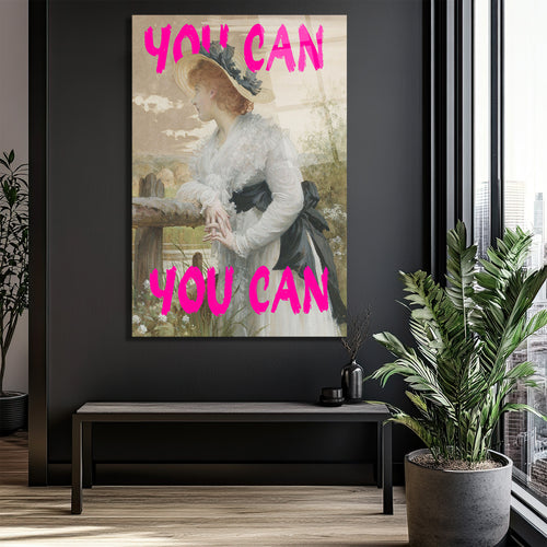 "You Can" Motivasyonel Pembe Yazılı Klasik Kadın Portresi Cam Tablo
