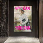 "You Can" Motivasyonel Pembe Yazılı Klasik Kadın Portresi Cam Tablo