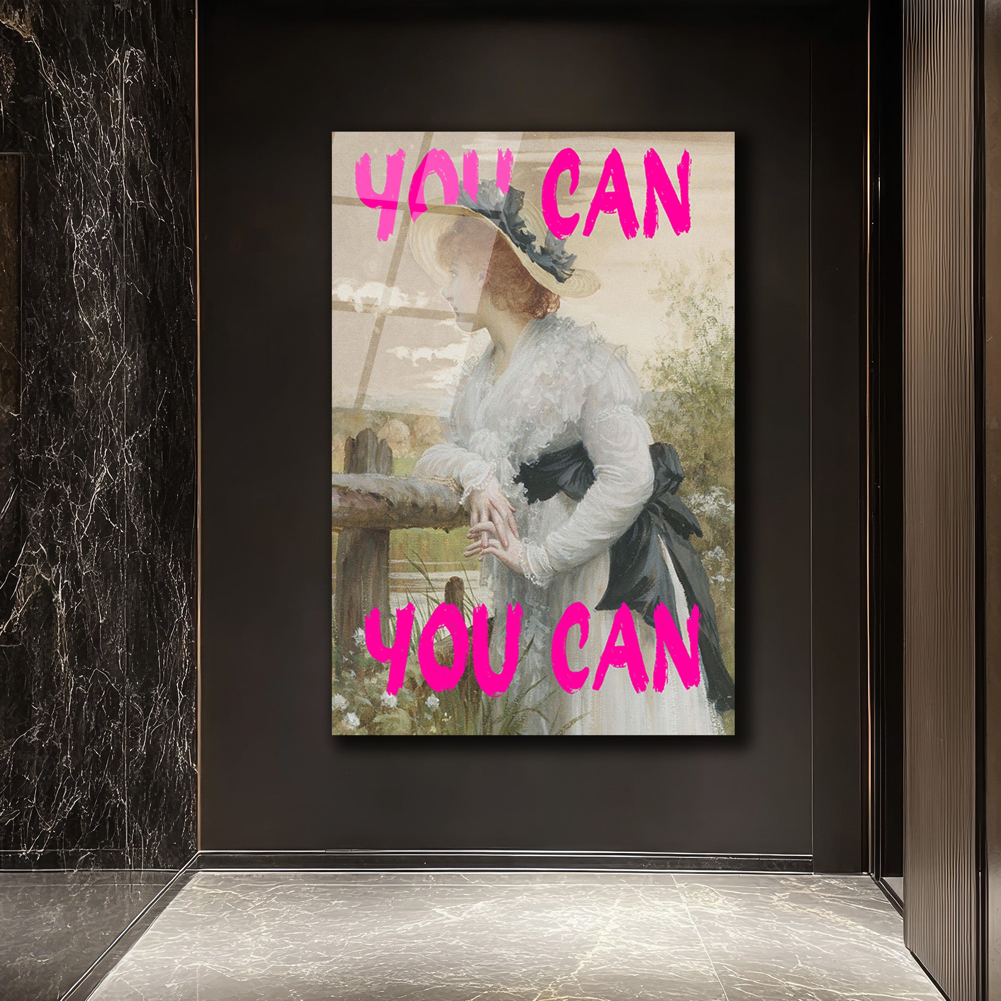 "You Can" Motivasyonel Pembe Yazılı Klasik Kadın Portresi Cam Tablo
