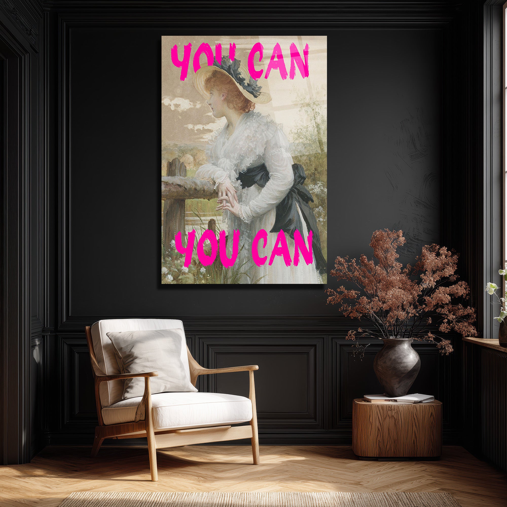 "You Can" Motivasyonel Pembe Yazılı Klasik Kadın Portresi Cam Tablo