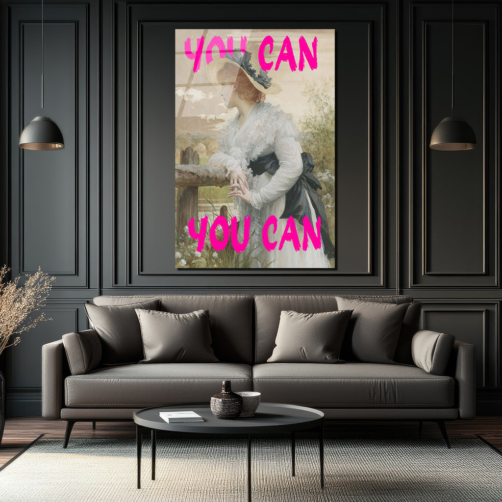 "You Can" Motivasyonel Pembe Yazılı Klasik Kadın Portresi Cam Tablo