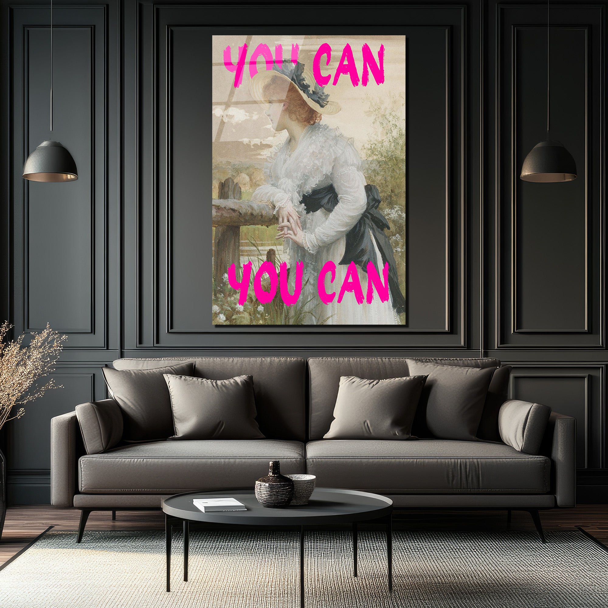 "You Can" Motivasyonel Pembe Yazılı Klasik Kadın Portresi Cam Tablo
