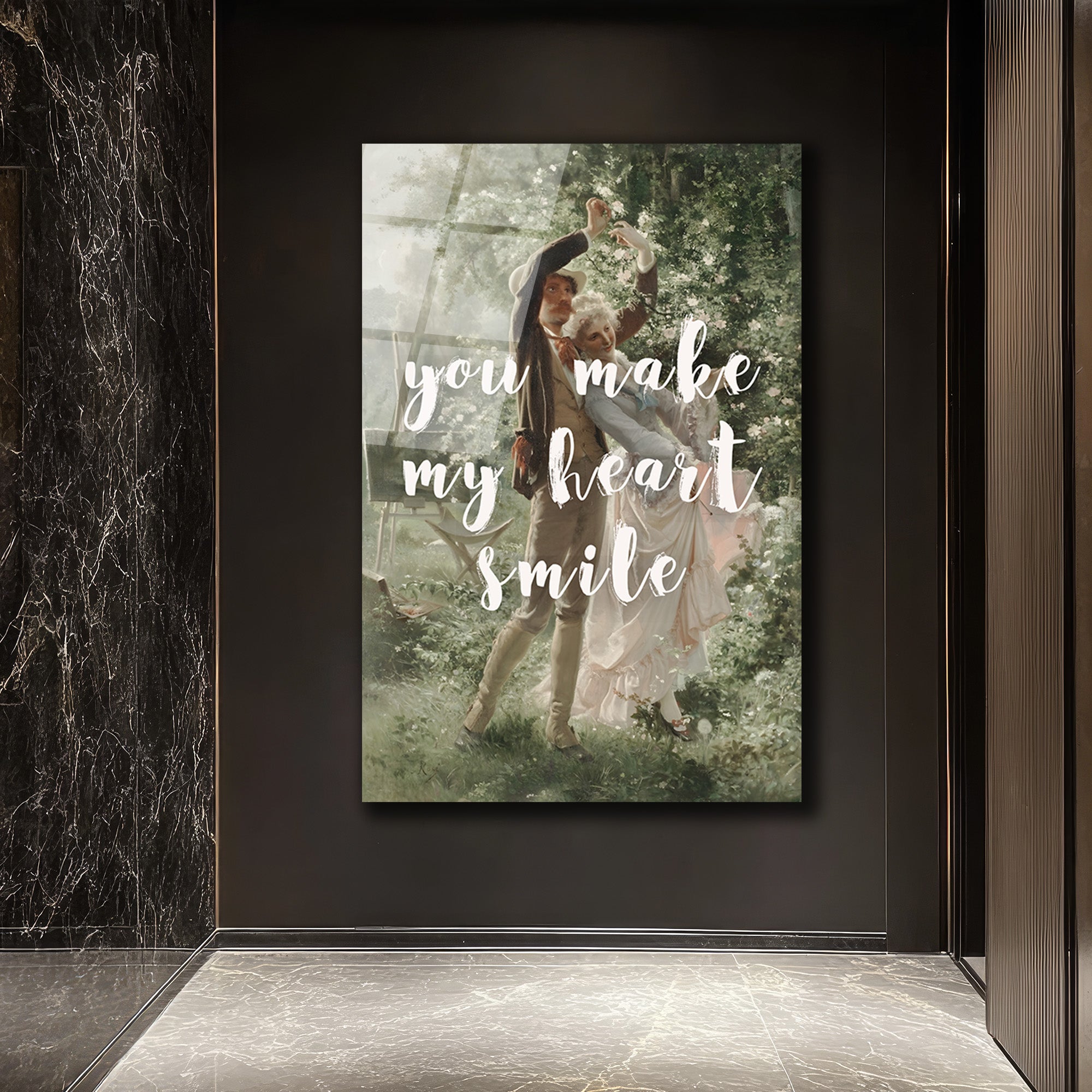 Romantik Dans 'You Make My Heart Smile' Temalı Sanatsal Cam Tablo