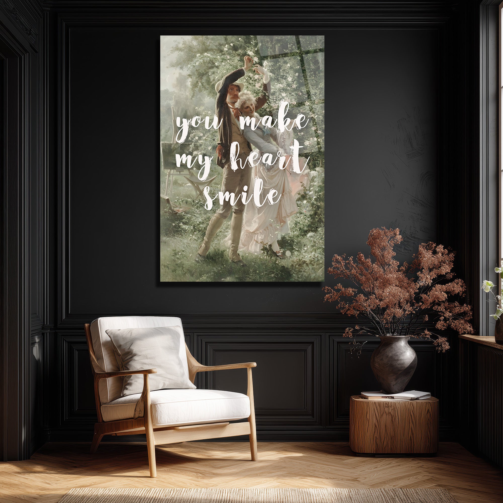 Romantik Dans 'You Make My Heart Smile' Temalı Sanatsal Cam Tablo