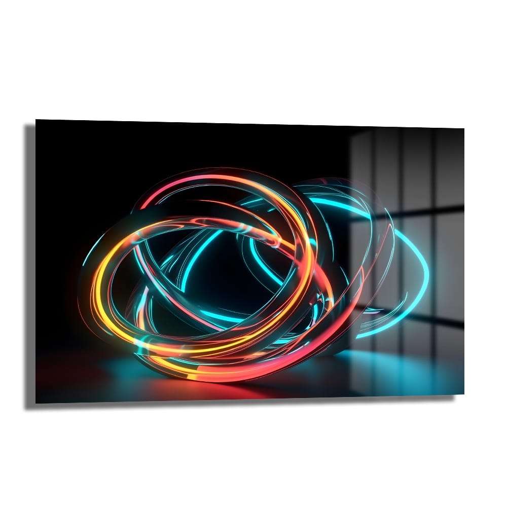 Neon Akım: Dinamik Soyut Cam Tablo, mavi, turuncu, kırmızı ve sarı tonlarında iç içe geçmiş parıldayan neon halkalarla modern ve fütüristik bir duvar sanatı eseridir.