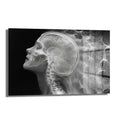Zihin Akışı: Modern Beyin ve İnsan Anatomisi Cam Tablo, siyah fon üzerinde beynin ve omuriliğin estetik X-ray yorumunu sunan, dayanıklı temperli camdan yapılmış modern dekoratif bir duvar sanatıdır.
