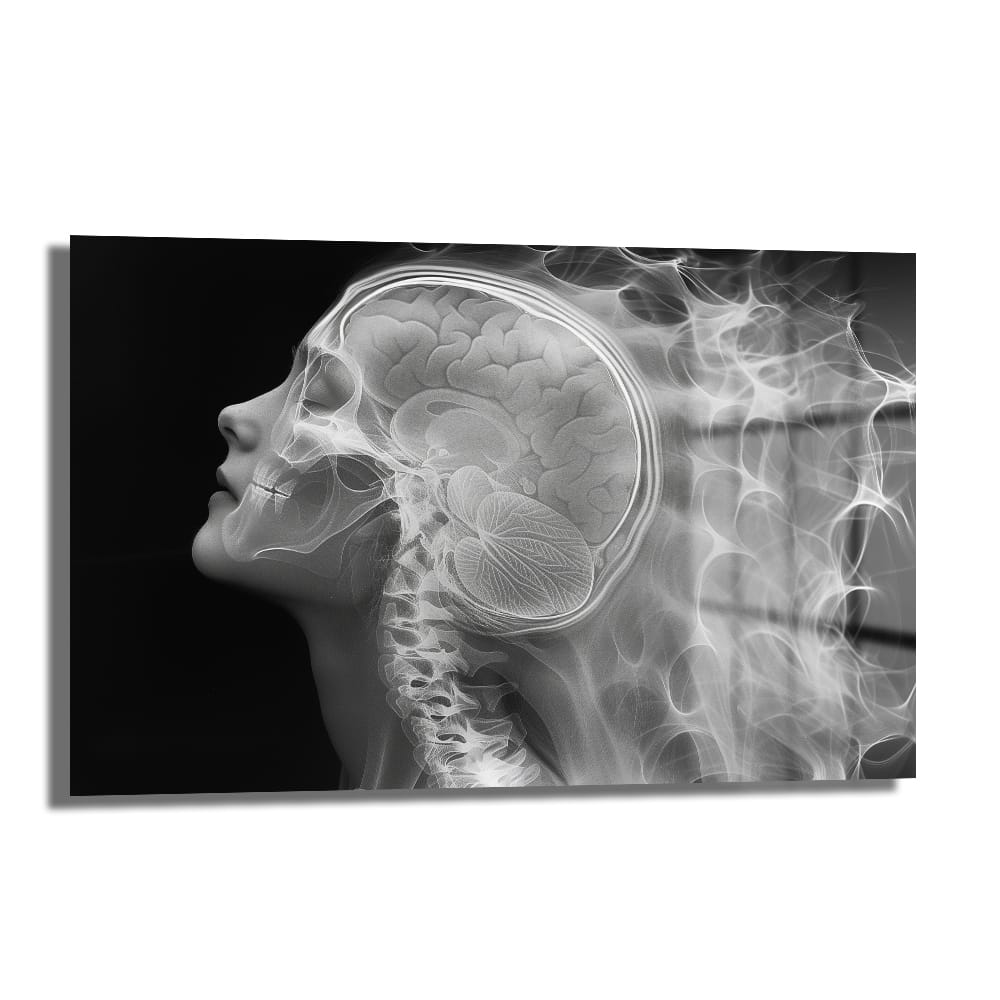 Zihin Akışı: Modern Beyin ve İnsan Anatomisi Cam Tablo, siyah fon üzerinde beynin ve omuriliğin estetik X-ray yorumunu sunan, dayanıklı temperli camdan yapılmış modern dekoratif bir duvar sanatıdır.