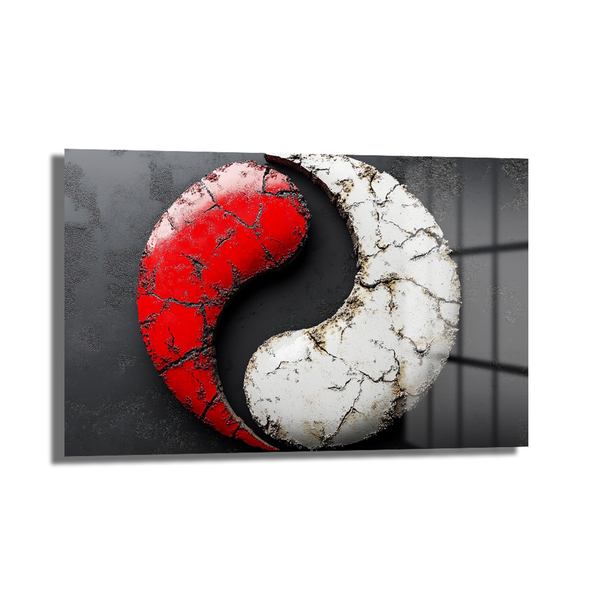 Kırmızı ve beyaz renklerin dinamik dengesini modern bir yorumla sunan, çatlak dokulu, kırılmaz temperli camdan yapılmış Kırmızı Beyaz Dinamik Denge: Modern Yin Yang Temperli Cam Tablo.