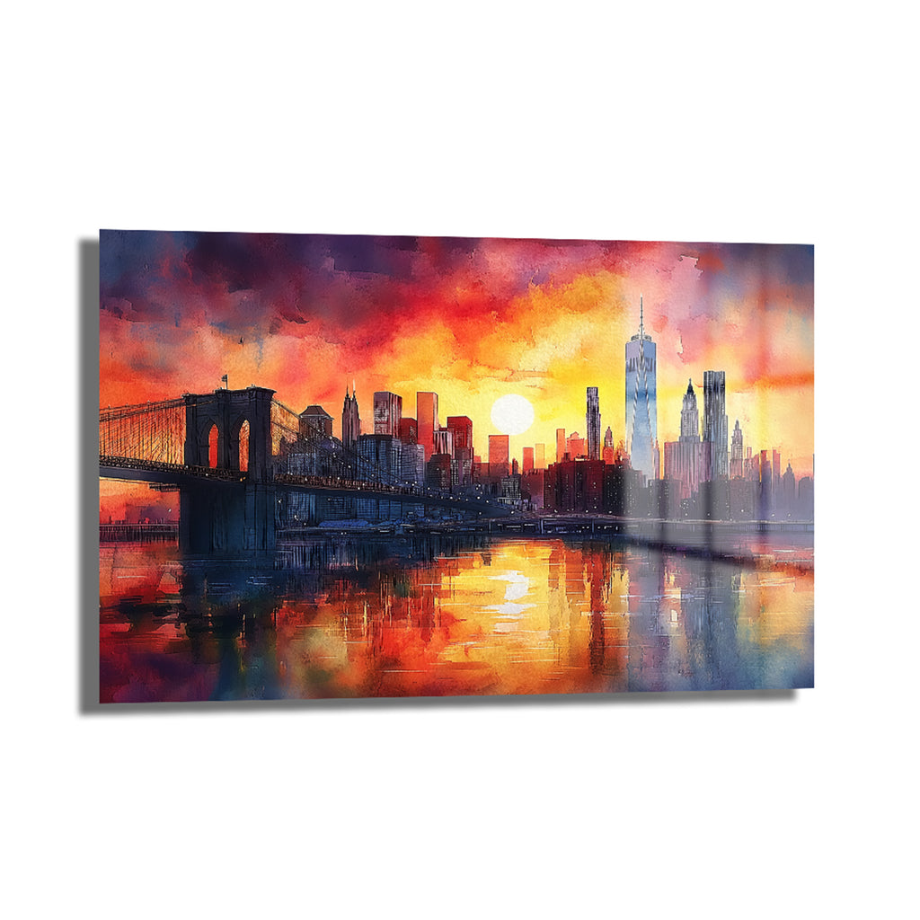Büyüleyici Gün Batımı: Brooklyn Köprüsü New York Cam Tablo, gün batımının kızıl, turuncu ve mor tonlarında, suluboya efektiyle New York Brooklyn Köprüsü'nü gösteren modern bir duvar sanatı.