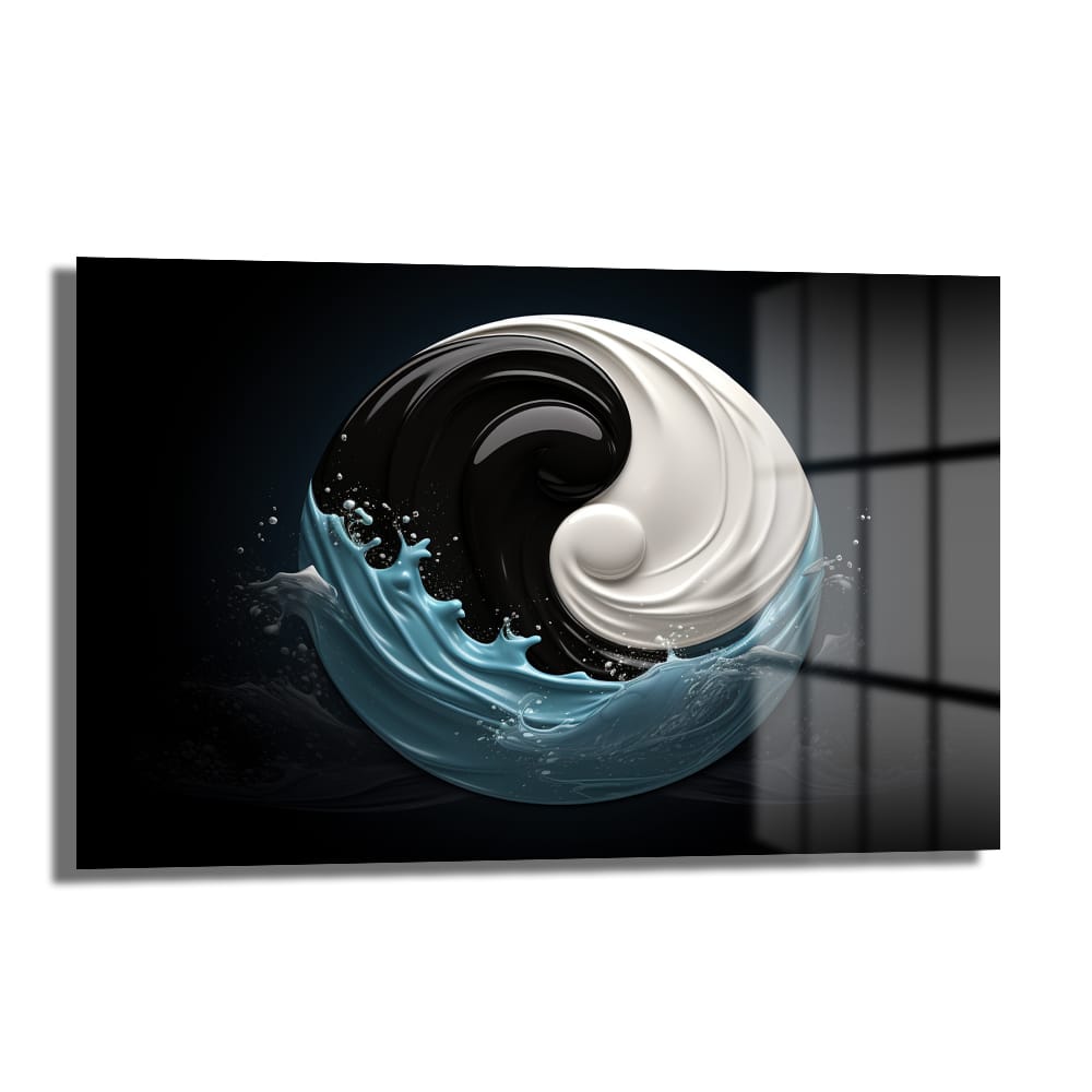 Yin-Yang Dalgaları: Modern Denge Temalı Cam Tablo, siyah ve beyaz Yin-Yang sembolünü canlı mavi dalgalarla birleştiren, temperli camdan yapılmış modern bir duvar dekoru.