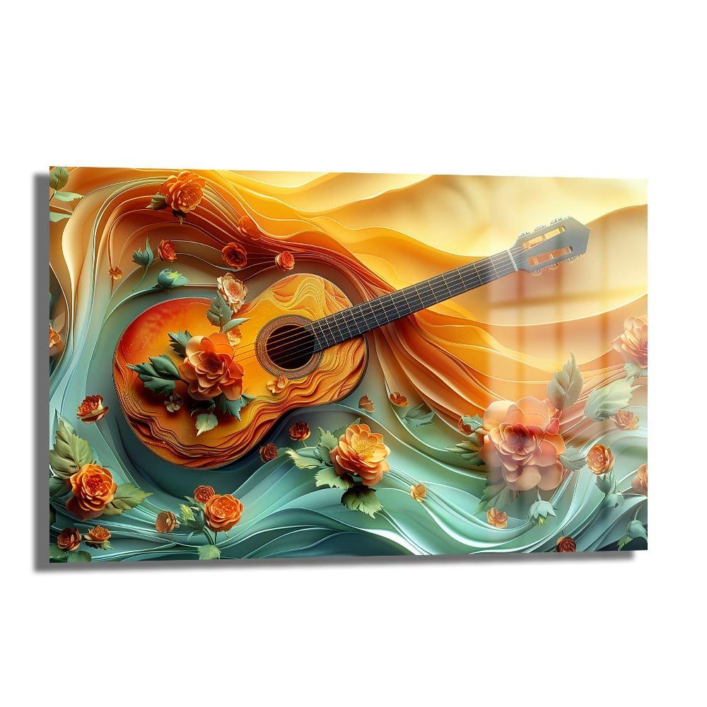 Müzikal Rüyalar: Çiçekli Gitar Sanatı Temperli Cam Tablo, sıcak sarı, turuncu, turkuaz ve yeşil tonlarında, çiçeklerle bezenmiş bir gitarı gösteren modern sanatsal duvar dekoru.