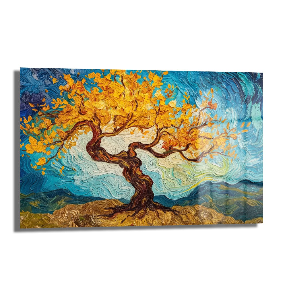 Altın Yapraklı Hayat Ağacı: El Yapımı Dokulu Modern Cam Tablo, altın sarısı yaprakları ve derin mavi turkuaz tonlarındaki dokulu fırça darbeleriyle.