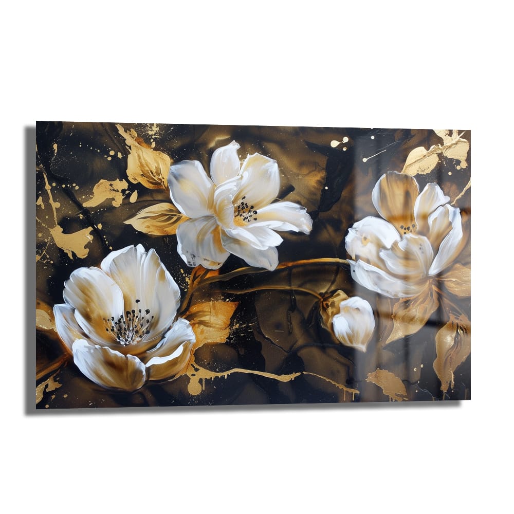 Altın İhtişamı: Beyaz Çiçekler Temalı Lüks Temperli Cam Tablo, siyah zemin üzerinde parlayan bembeyaz çiçekler ve altın rengi sıçramalarla modern ve şık bir duvar sanatı.