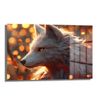 Yabanın Büyüsü: Altın Gözlü Kurt Modern Cam Tablo, altın rengi gözlere sahip bir kurdu gün batımı tonlarında gösteren, modern ve şık temperli cam tablo.