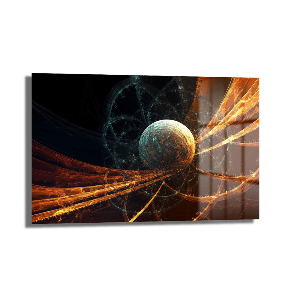 Kozmik Enerji Dansı: Modern Soyut Temperli Cam Tablo, canlı turuncu, altın, teal ve gri tonlarında galaksilerin ve kozmik enerjinin dinamik dansını gösteren fütüristik bir soyut eser.