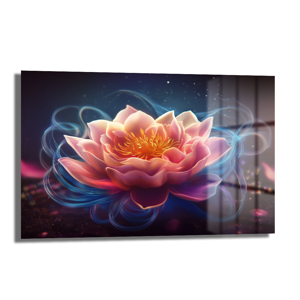 Efsunlu Lotus Çiçeği: Işıltılı Pembe ve Mavi Tonlarında Cam Tablo, koyu bir zeminde pembe ve altın sarısı tonlarında parlayan lotus çiçeğini ve etrafını saran efsunlu mavi ışık hüzmelerini betimleyen, 4mm temperli camdan yapılmış modern bir duvar tablosu.