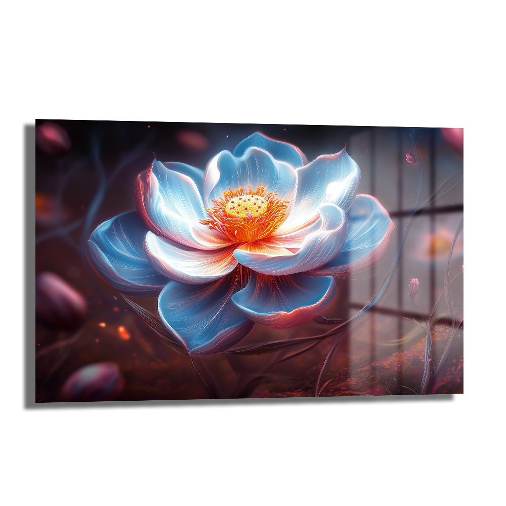 Işıltılı Lotus: Büyüleyici Mavi Tonlarda Modern Cam Tablo, mavinin dingin tonlarında, beyaz ve turuncu ışıltılarla bezenmiş, modern lotus çiçeği desenli, 4mm temperli camdan yapılmış dekoratif duvar tablosu.