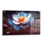 Işıltılı Lotus: Büyüleyici Mavi Tonlarda Modern Cam Tablo, mavinin dingin tonlarında, beyaz ve turuncu ışıltılarla bezenmiş, modern lotus çiçeği desenli, 4mm temperli camdan yapılmış dekoratif duvar tablosu.