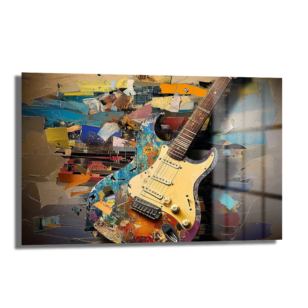Müzikal Ruh: Soyut Sanat Tarzı Elektro Gitar Cam Tablo, canlı renkli soyut bir arka plan üzerinde vintage elektro gitar görseliyle modern bir duvar sanatı örneği.