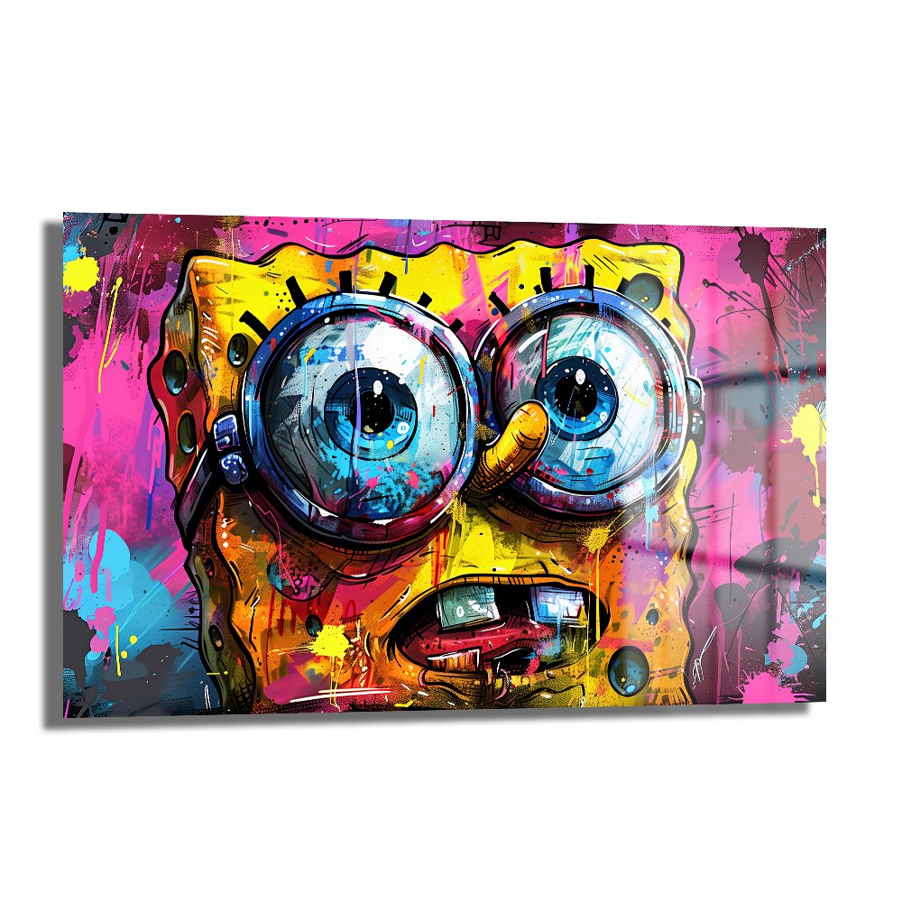 SpongeBob Graffiti Patlaması: Modern Sanat Temperli Cam Tablo, canlı pembe, mavi ve sarı graffiti boya sıçramalarıyla Sünger Bob'u modern ve enerjik bir tarzda gösteriyor.