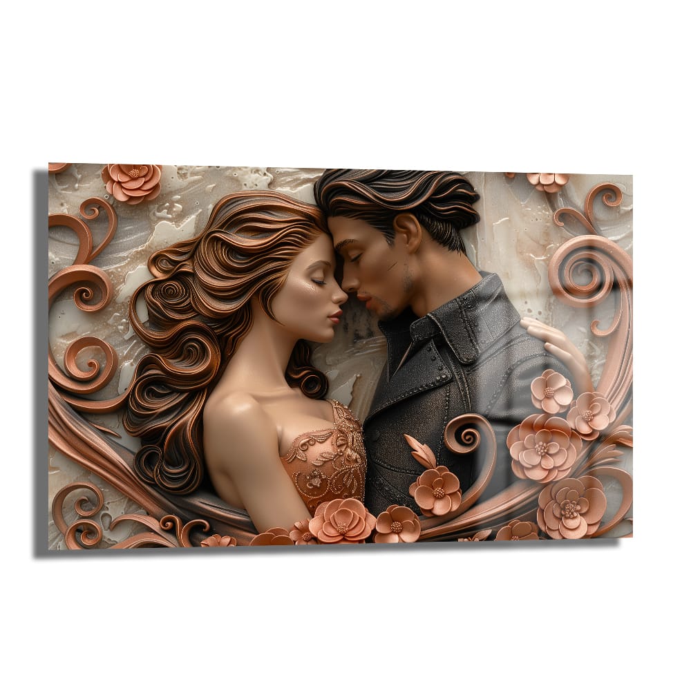 Aşkın Sonsuz Dansı: Romantik Relief Cam Tablo, bronz ve rose gold çiçek motifleriyle çevrili, birbirine kenetlenmiş iki figürü kabartma edasıyla gösteren, mermer dokulu arka plana sahip, modern ve üç boyutlu bir sanat eseri.