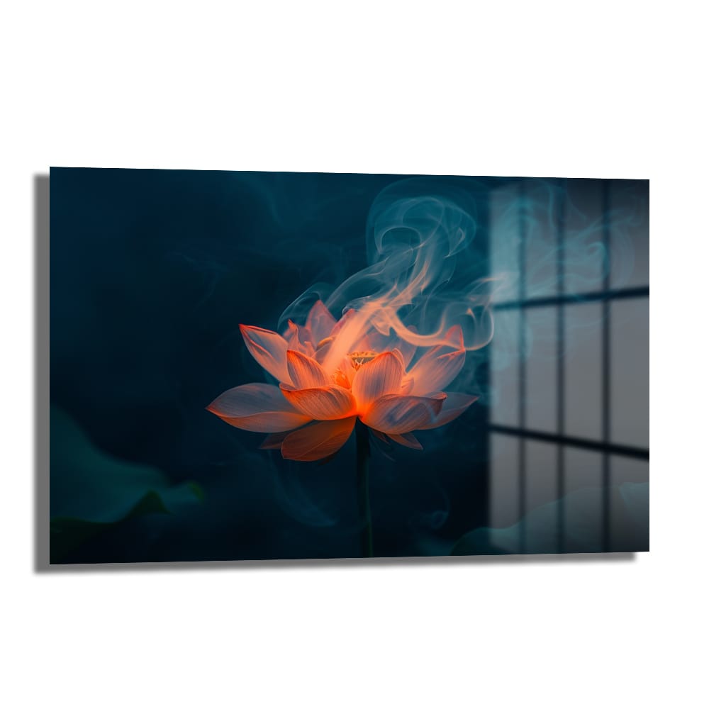 Koyu lacivert ve okyanus yeşili arka planda, alevler yükselen turuncu ve pembe lotus çiçeği temalı Alev Lotus Modern Cam Tablo, 4mm temperli cam üzerine UV baskılı.