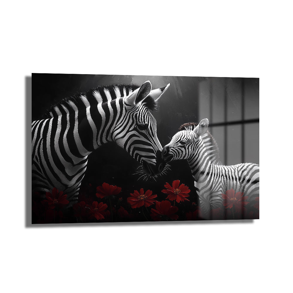 Anne ve Yavru Zebra Sevgisi Cam Tablo, kırmızı çiçeklerle süslenmiş, temperli camdan yapılmış modern bir duvar dekorudur.