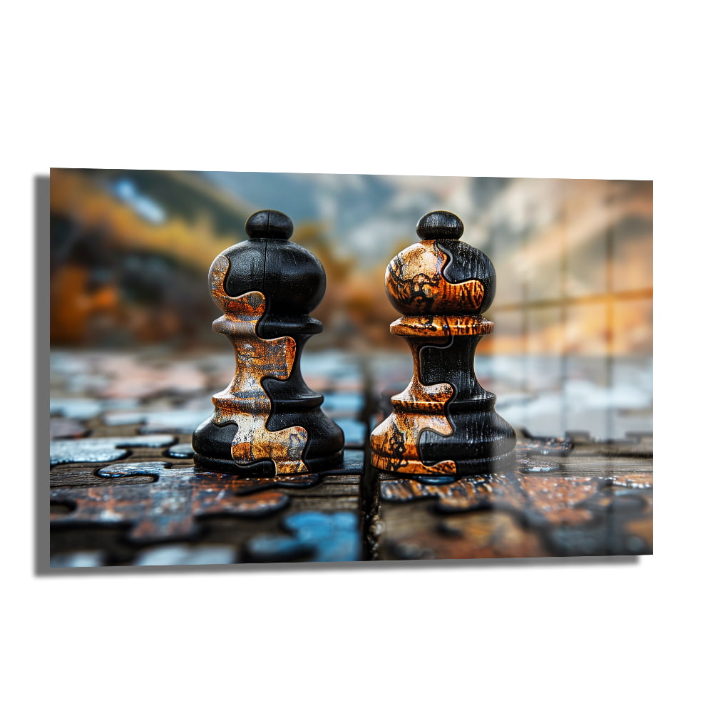 Stratejik Düşünce: Satranç Taşları Puzzle Efektli Modern Cam Tablo, siyah ve paslı turuncu tonlarında soyut satranç taşları ve puzzle efektiyle modern bir duvar dekorasyonu sunar.