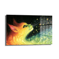 Ruhun Renkleri: Büyülü Kedi ve Işıltılı Evren Cam Tablo ürününü betimleyen, canlı turuncu, sarı, yeşil ve mavi tonlarında, ışıltılı partiküllerle çevrili, gökyüzüne bakan stilize bir kedi figürünün yer aldığı modern ve fantastik duvar sanatı.