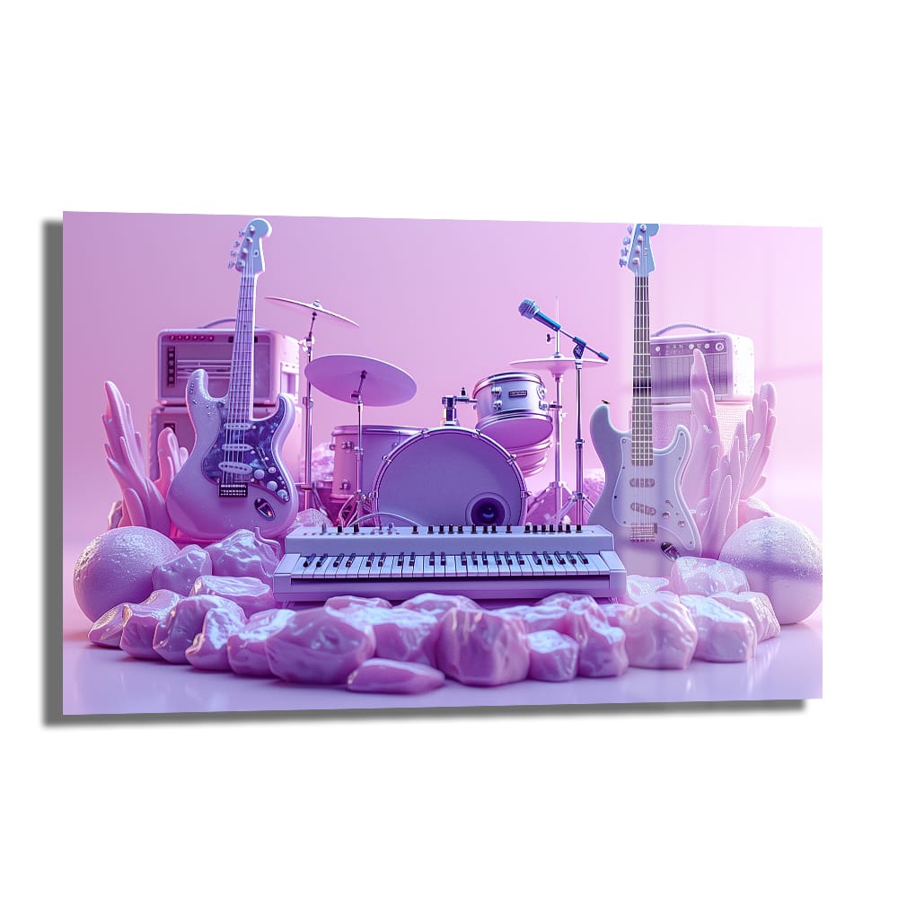 Pastel pembe, lila ve mor tonlarında, davul, gitar, klavye ve mikrofon gibi müzik aletlerinin yer aldığı, rüya gibi bir sahneyi betimleyen 'Rüya Gibi Sahne: Pastel Tonlarda Müzik Aletleri Modern Cam Tablo'.