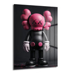Pink Skull KAWS Stili Cam Tablo, siyah ve pembe renklerde, modern sanat eseri olarak tasarlanmış dekoratif duvar tablosu.