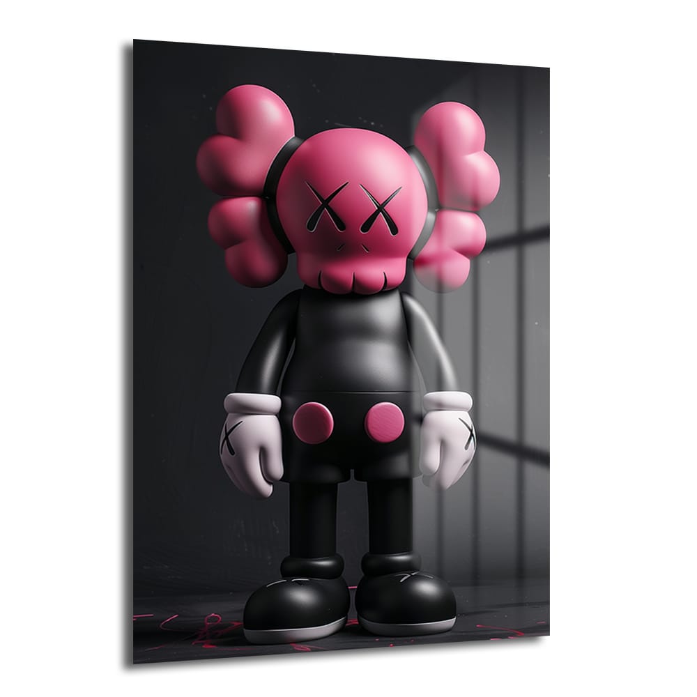 Pink Skull KAWS Stili Cam Tablo, siyah ve pembe renklerde, modern sanat eseri olarak tasarlanmış dekoratif duvar tablosu.