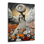 Düş Bahçesi Kraliçesi: Modern Sanat Cam Tablo. İnci elbiseli mistik bir figürün turuncu-beyaz çiçekli bahçede, soyut bulutlar ve güneşle çevrili sürrealist tasvirini içeren dekoratif cam tablo.