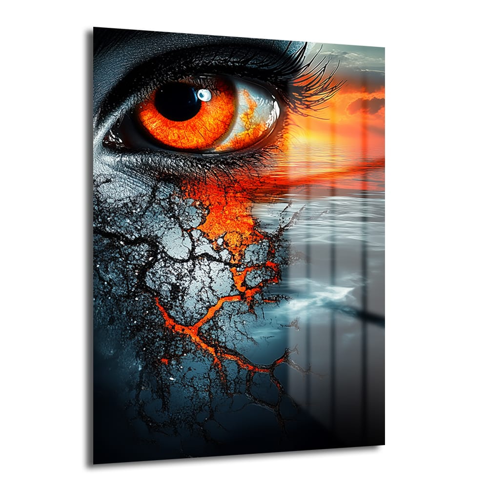 Ateşin Gözü: Ruhunuzu Aydınlatan Modern Cam Tablo ürünü, canlı turuncu ve kırmızı tonlarında, volkanik dokulu, ateşli bir gözü ve su yansımalarını içeren soyut bir cam tabloyu gösteriyor.