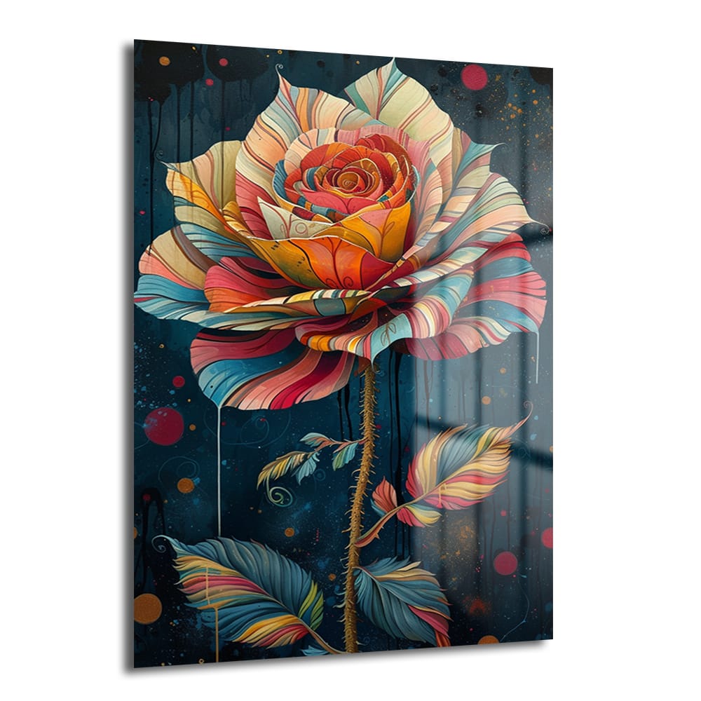 Koyu fon üzerinde rengarenk yapraklarıyla parlayan bir gülü tasvir eden, modern sanat tarzında, 4mm temperli camdan yapılmış Rengarenk Rüya Gülü: Modern Sanat Temperli Cam Tablo.